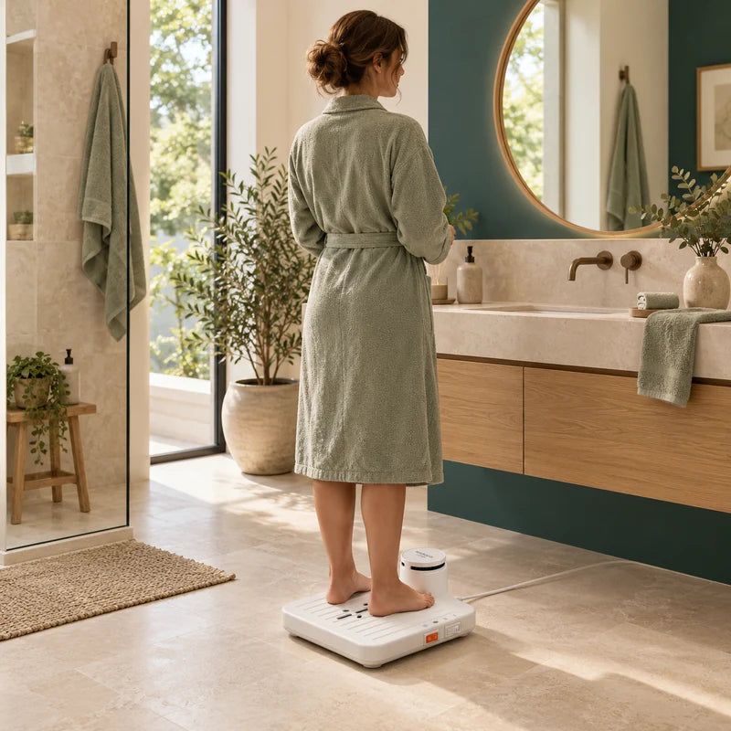 Woman in a sage robe facing the raised end of the dryer, with feet beside the central air outlets