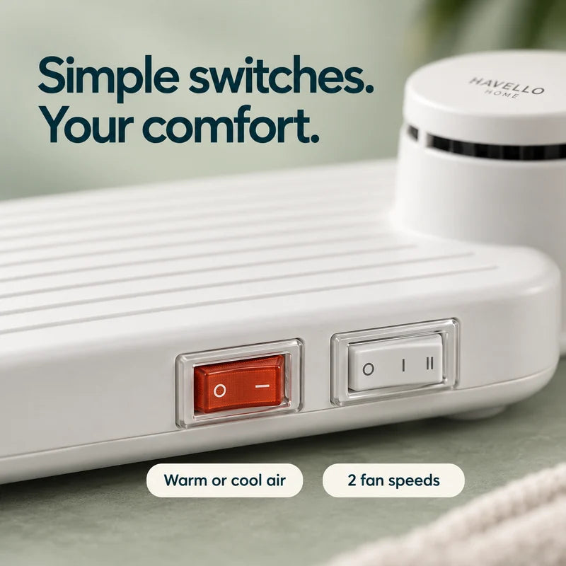 Close-up of the temperature and fan switches. Simple switches. Your comfort. Warm or cool air. Two fan speeds.