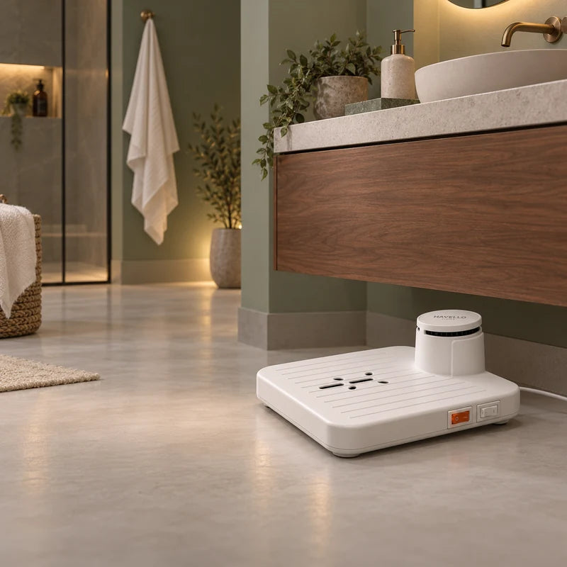 Compact Havello dryer on a dry floor beside a walnut bathroom vanity